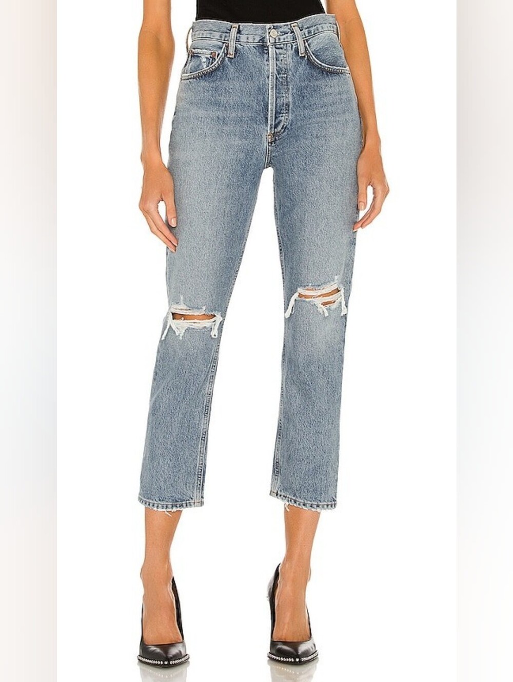 Agolde Riley Distressed Button Fly High-Rise Straight Crop Blue Jeans Size 30